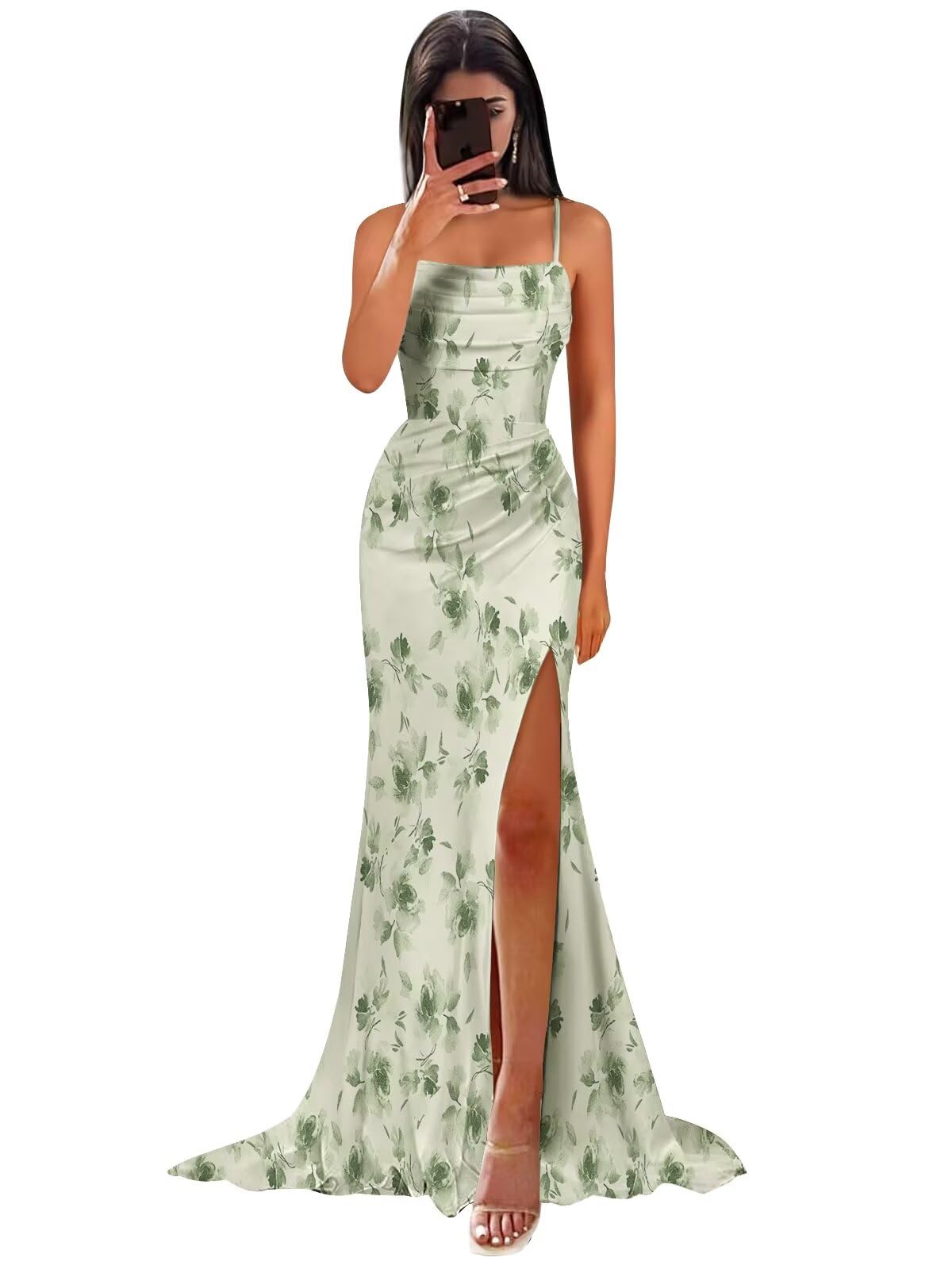 boisao Satin Bridesmaid Dresses for Women Long Pleated Mermaid Formal Evening Wedding Guest Dress with Slit