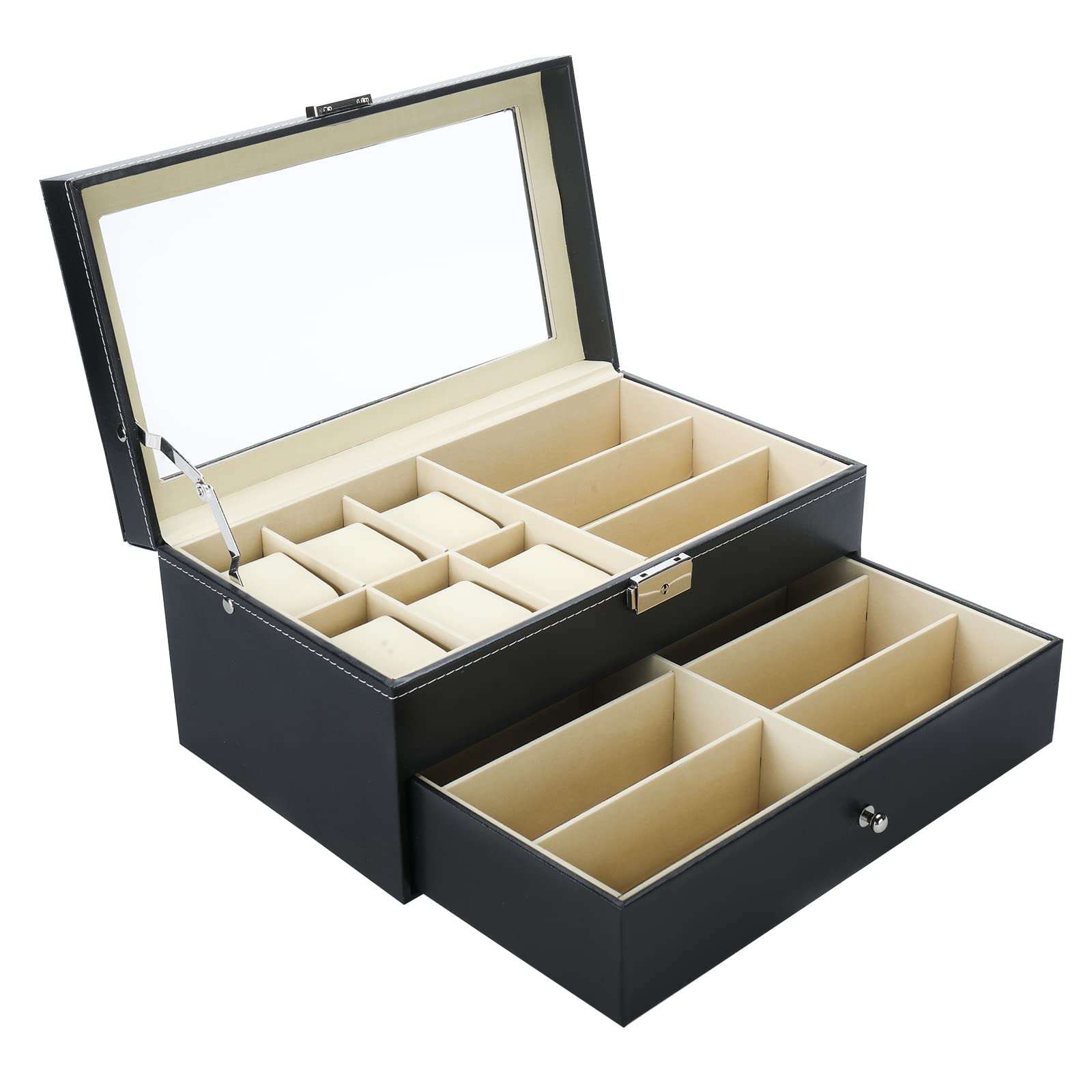 NovelBee Double-Layer 6 Slots Watch Boxes with 9 Grids Eyeglasses Sunglasses Storage for Watch Jewelry Eyeglasses Sunglass Display Case Organizer