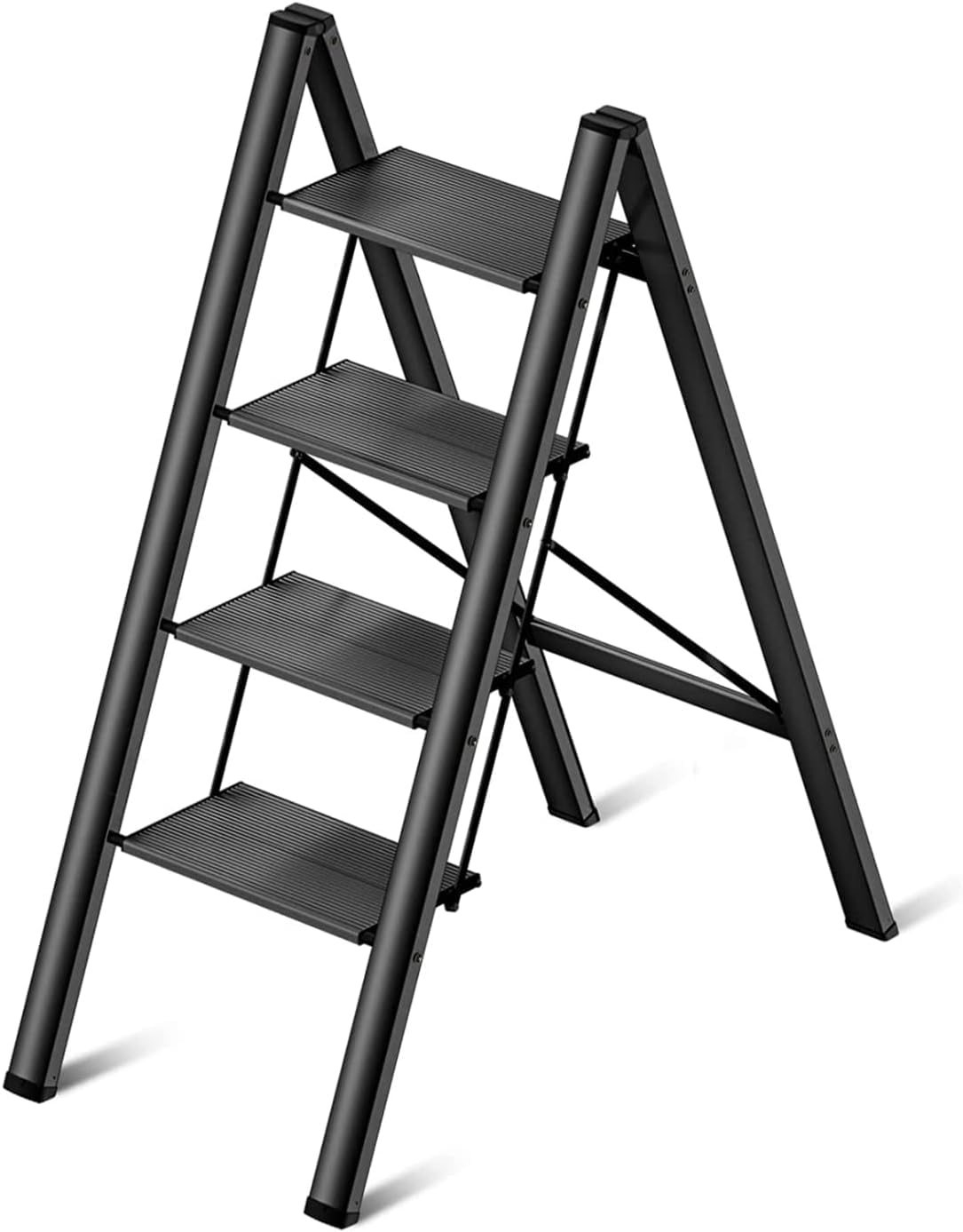 4-stufige Leiter, praktische Klappleiter, breite Stufen, kann als Regal verwendet Werden, 150 kg Belastung, Schwarz