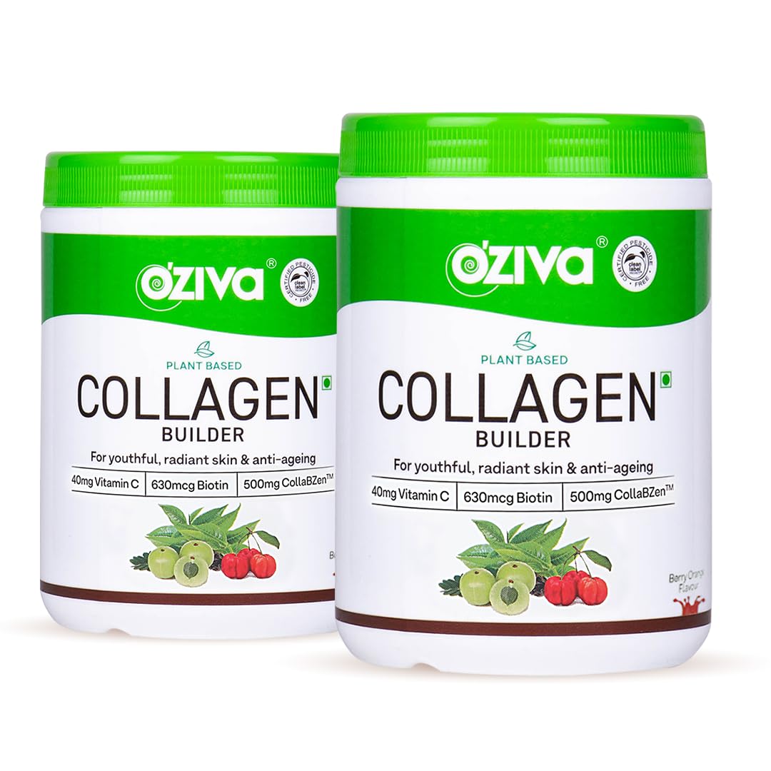 OZiva Vegan Collagen (Berry Orange) for Skin, Hair & Nails | Plant-Based Collagen Peptides Supplement for Men & Women | Non-GMO, No Sugar Added | Powder, 200g (Pack of 2)