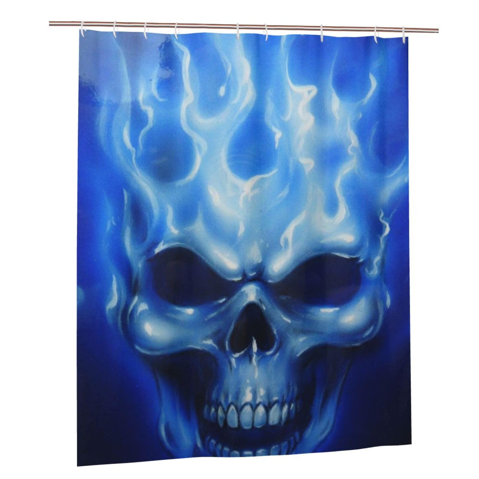 Rideau de douche tissu imprimé crâne flamme bleue 152x183cm moderne