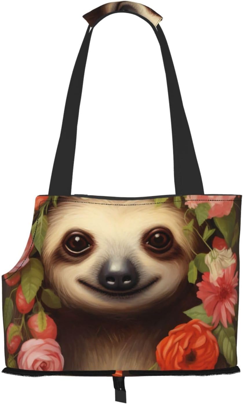 Sloth with Flowers Pet Tote Bag for Small Dogs and Cats, Black, 15.2 x 10.4 x 7.5 Inches, Polyester, with Adjustable Shoulder Strap