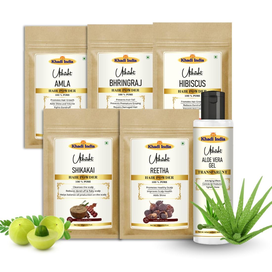 Utkrisht Khadi Amla Bhringraj Shikakai Reetha Hibiscus Hair Powder with Aloe Vera Gel Combo for Hair Growth, Hair Fall Control & Dandruff Removal | 100% Natural Herbal Hair Care Kit - 600ML (Pack of 6)