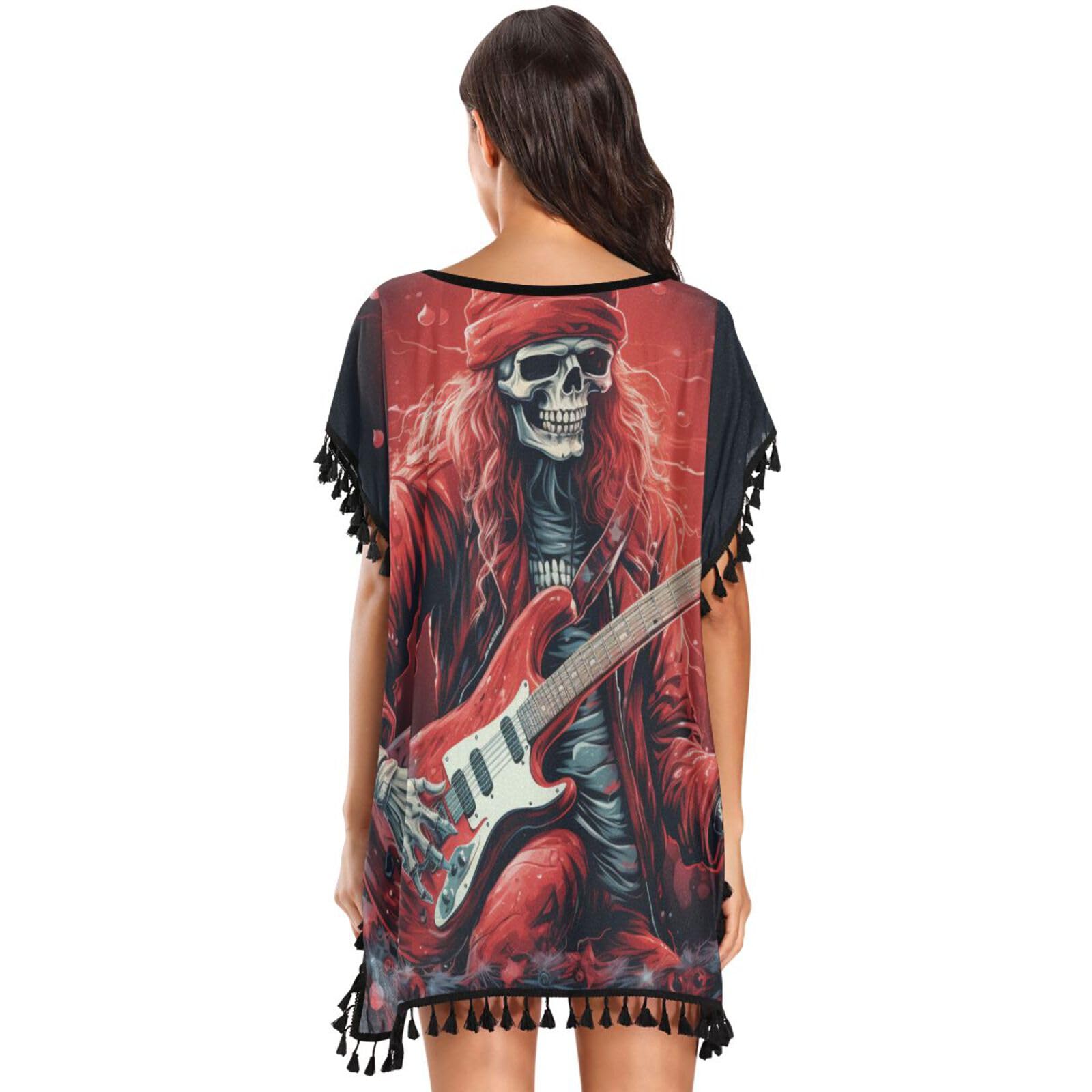Christmas Skull Guitar Art Women's Beach Cover Up Chiffon Tassel Swimwear Swimsuit Coverups for Girl