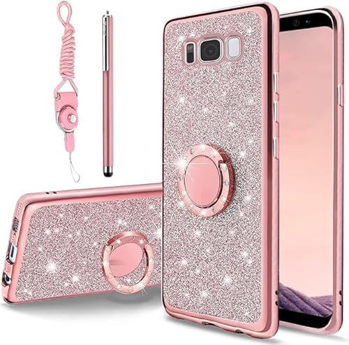 B-wishy for Samsung Galaxy S8 Plus Glitter Crystal Butterfly Heart Floral Slim TPU Luxury Bling Cute Protective Cover with Kickstand+Strap for Samsung Galaxy S8 Plus(Glitter Pink)