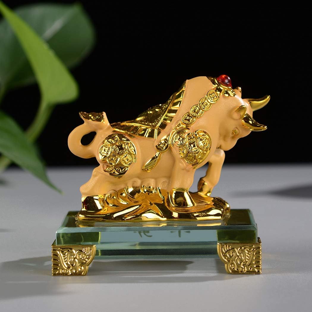 BRASSTAR Resin Golden Feng Shui Frosted Bull Statue with Glass Base Chinese Zodiac Home Office Table Decor Figurine Business Gift Collection PTZY101