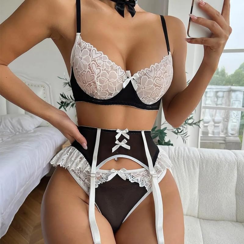 Image of Likra Womens 4 Piece Lace Lingerie Set | Net Bra Panty Garter Belt Stockings Nightwear | Romantic Bridal Honeymoon Babydoll Set | Black White