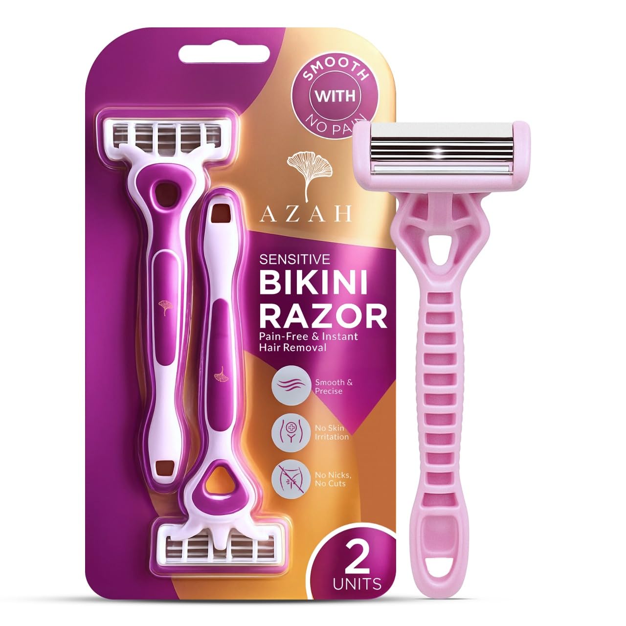Azah Bikini Razor for Women [Pack of 2] | Hair Removal Machine for Arms, Underarms, Legs & Bikini Area | Quick & Painless Razor with Rubber Grip & 3 Precision Blades