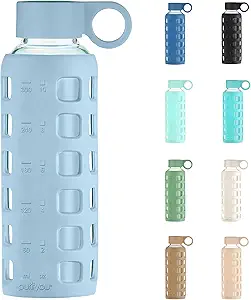 purifyou 40oz / 32oz / 22oz / 12oz Borosilicate Glass Water Bottle with Time & Volume Markers, Silicone Sleeve, Stainless Steel Lid | Reusable Glass Bottle for Water & Juice (12oz Ice Blue)