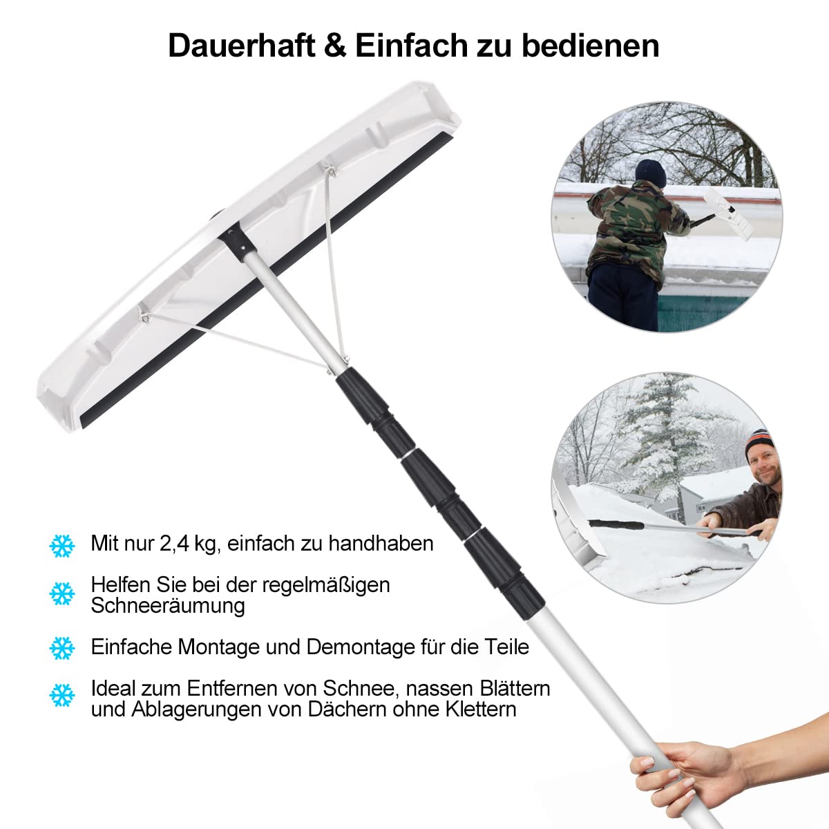 COSTWAY Schneeschaufel Dach mit Gummielippe, Einstellbereich 201-630 cm, Schneeräumer aus Aluminium, Dachräumer Schneeschieber Dachschneeräumer für Solaranlage und Dach