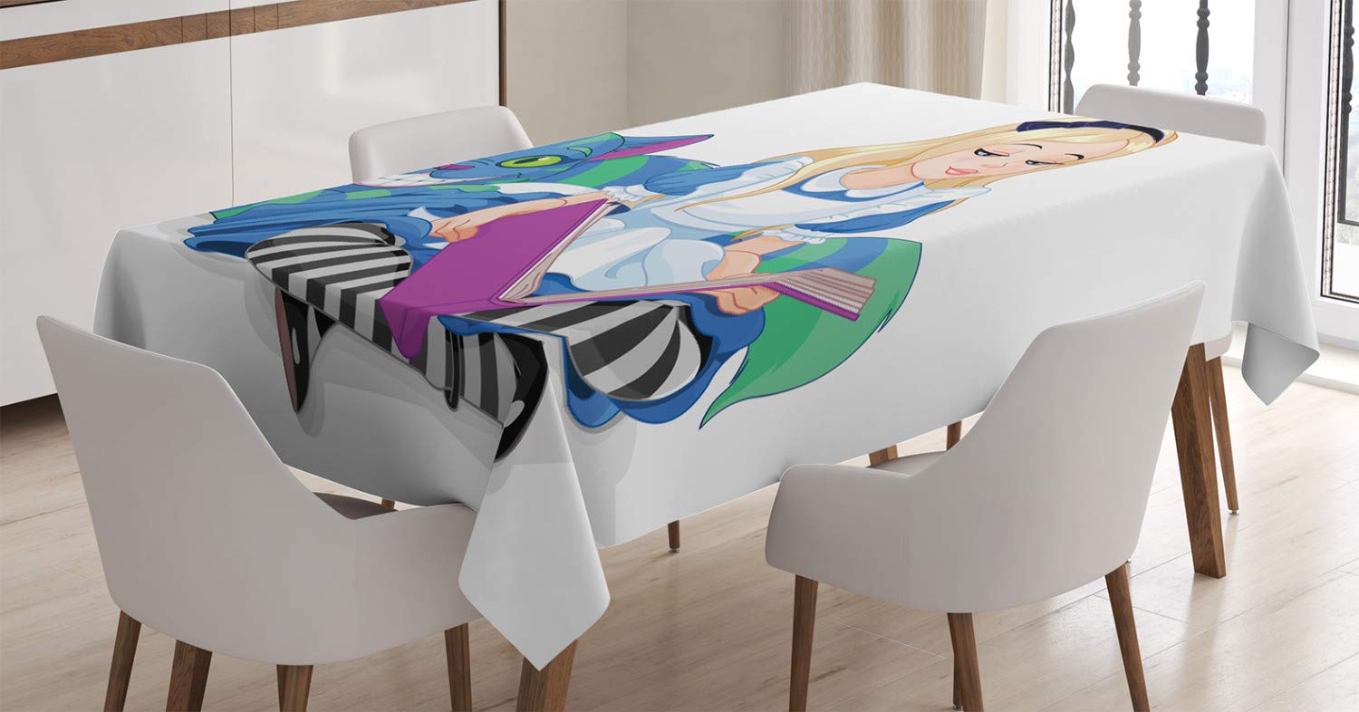 Tovaglia Rettangolare ABAKUHAUS Alice Nel Paese Delle Meraviglie – 140x200 Cm, Poliestere, Impermeabile, Nero/Bianco