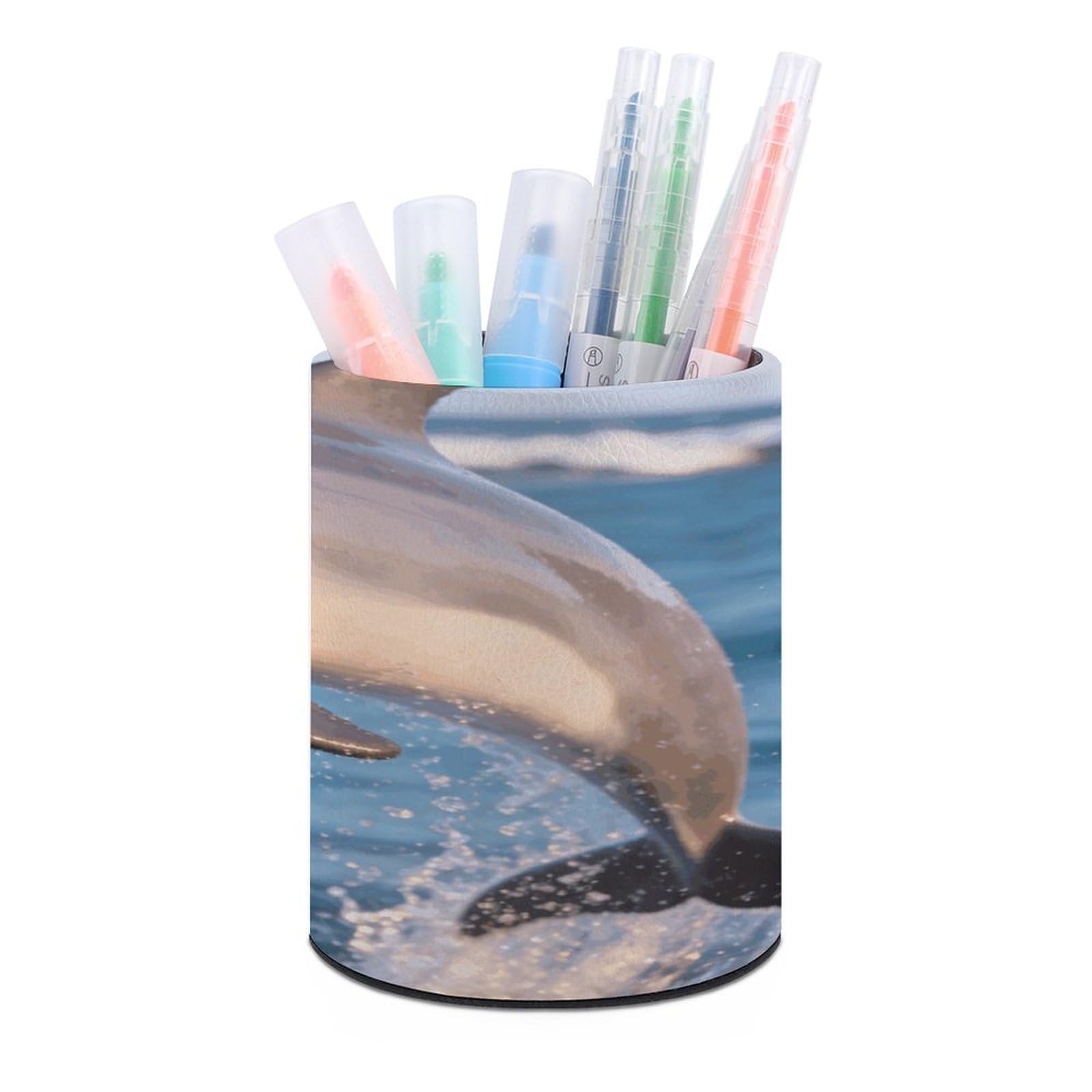 LZQPOEAS - Dolphin Pencil Holder Gift for Desk Organizer Modern Minimalist Round Pencil Case PU Leather Multifunctional Pencil Case Supplies