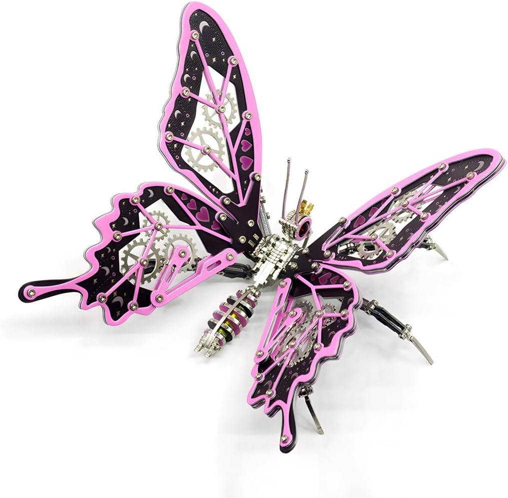 3D Metal Mechanical Butterfly Model Kit, Colorful Simulated Butterfly DIY Assembly Puzzle, Decorative Collectible Display Ornament(Pink)