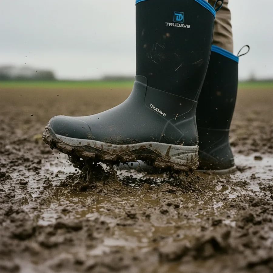 Image of Trudave Rubber Boots for Men with Steel Shank, Waterproof Mid Calf Mens Rain Boots, 5.5mm Neoprene Insulated Mud Work Boots for Garde