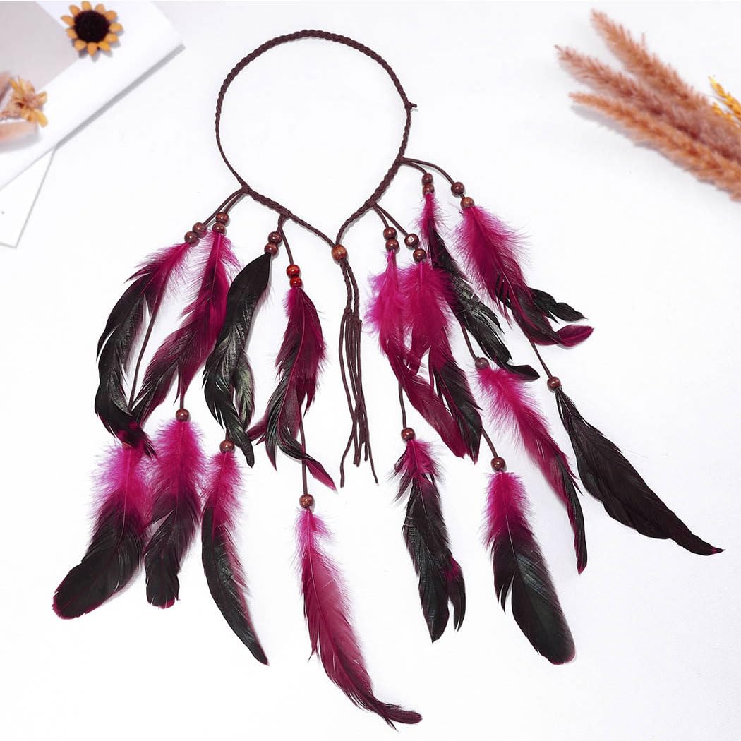 GORTIN Boho Feather Headband Hippie Headpiece Gypsy Indian Costume Headdress Hair Accessory for Women(D-Pink, One size) - Image 2