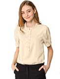 Women's Vintage Office Blouse Tops Half Placket Puff Sleeve Ruffled Shirt