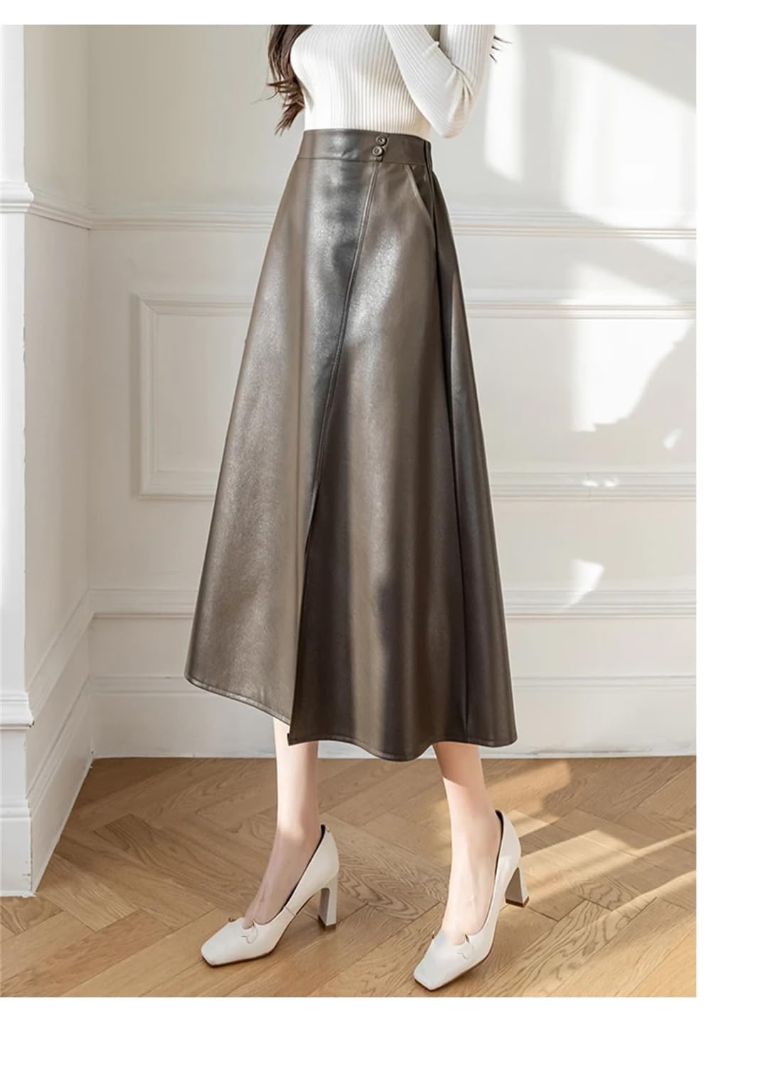 Autunno Inverno PU Faux Leather Donna Gonne Lunghe Elastico Vita Alta Vintage A-Line Gonne