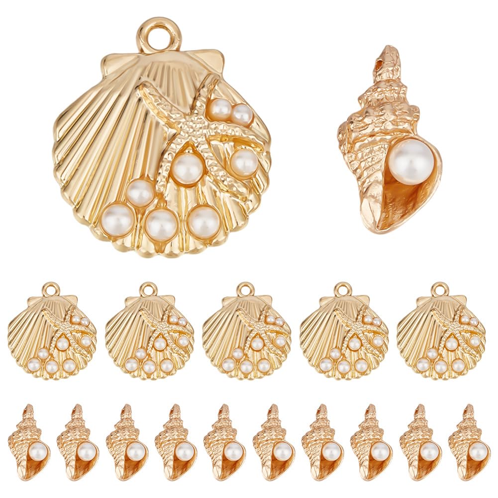 SUNNYCLUE 1 Box 40Pcs Gold Shell Pearl Charms Conch Charm Alloy Shiny Ocean Animal Beach Shells Seashell Cowrie Summer Sea Charm for Jewellery Making Charm Women DIY Keychain Bracelet Earring Necklace