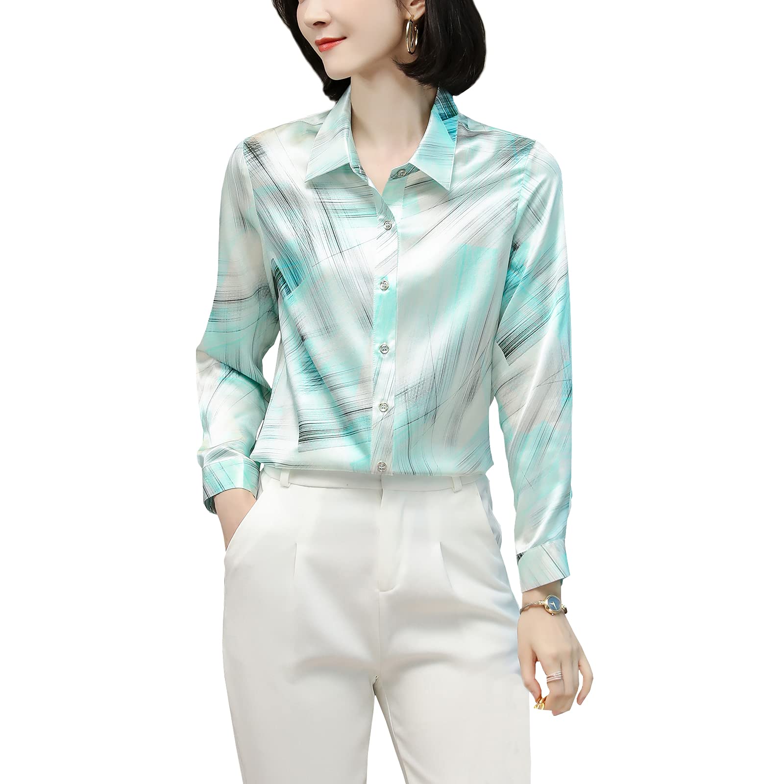 E-girl Blusa de seda para mujer con estampado de botones, blusa de manga larga con solapa de seda, S9077