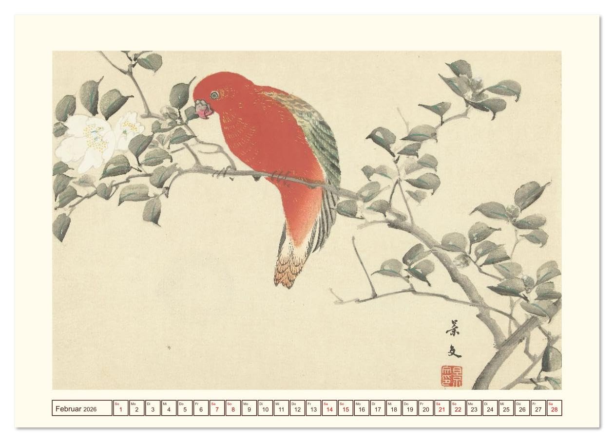 Blüte und Feder (hochwertiger Premium Wandkalender 2026 DIN A2 quer), Kunstdruck in Hochglanz: Japanische Naturkunst in zarten Farben. (CALVENDO Kunst)