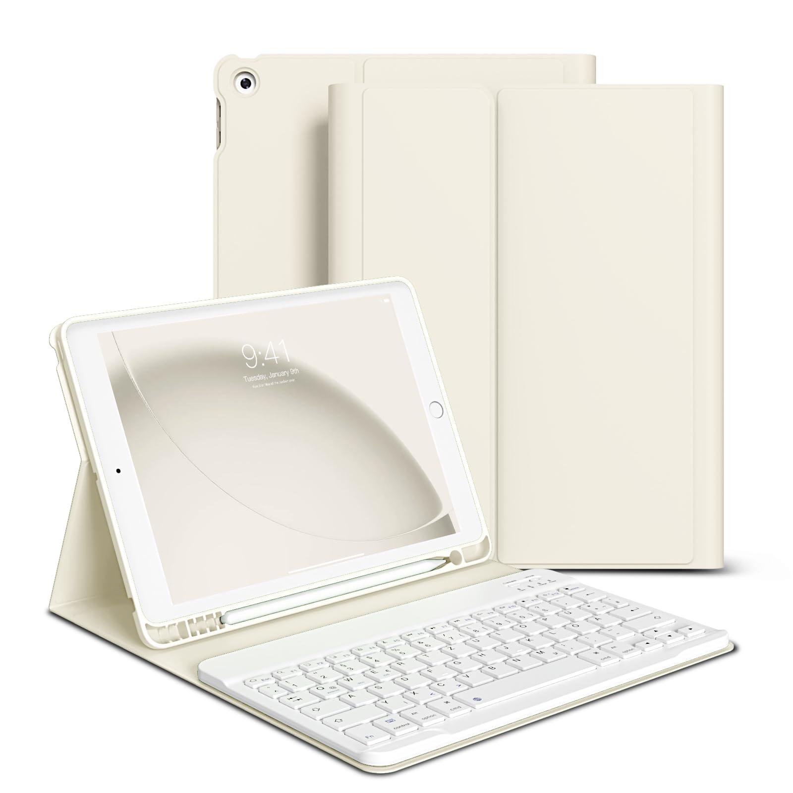 zoyu Hülle mit Tastatur für iPad 9./8./7. Generation 10,2 Zoll 2021/2020/2019, Abnehmbare kabellose Keyboard, Auto Sleep/Wake für Cover iPad 10.2 Zoll Keyboard, QWERTZ Layout, Cremeweiß