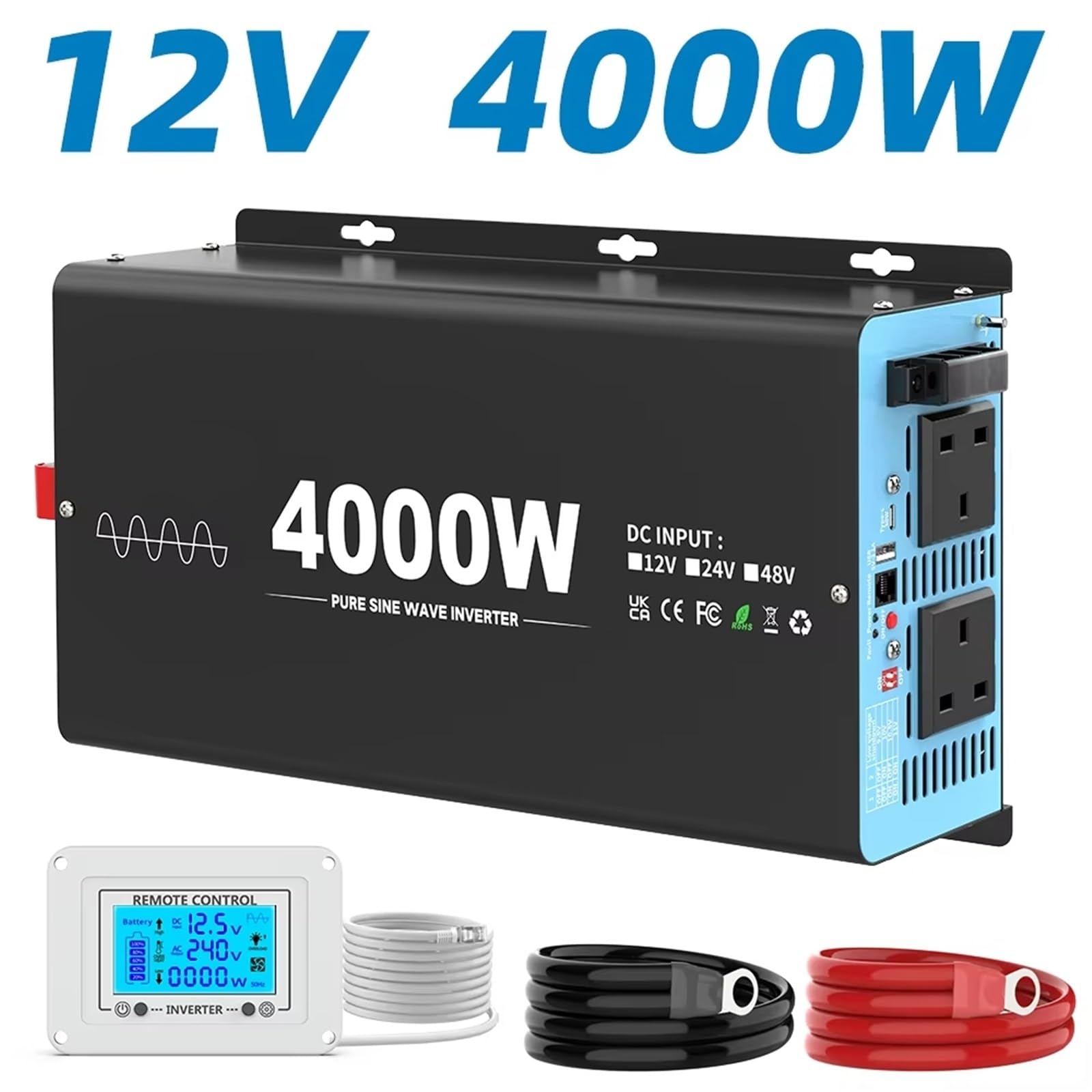 Inversor Inversor De Onda Sinusoidal Pura (Reino Unido) 3000W CC 12V/24V CA 240V Convertidor Frecuencia 50 Hz, Inversor Solar para Coche Transformador Onda sinusoidal modificada