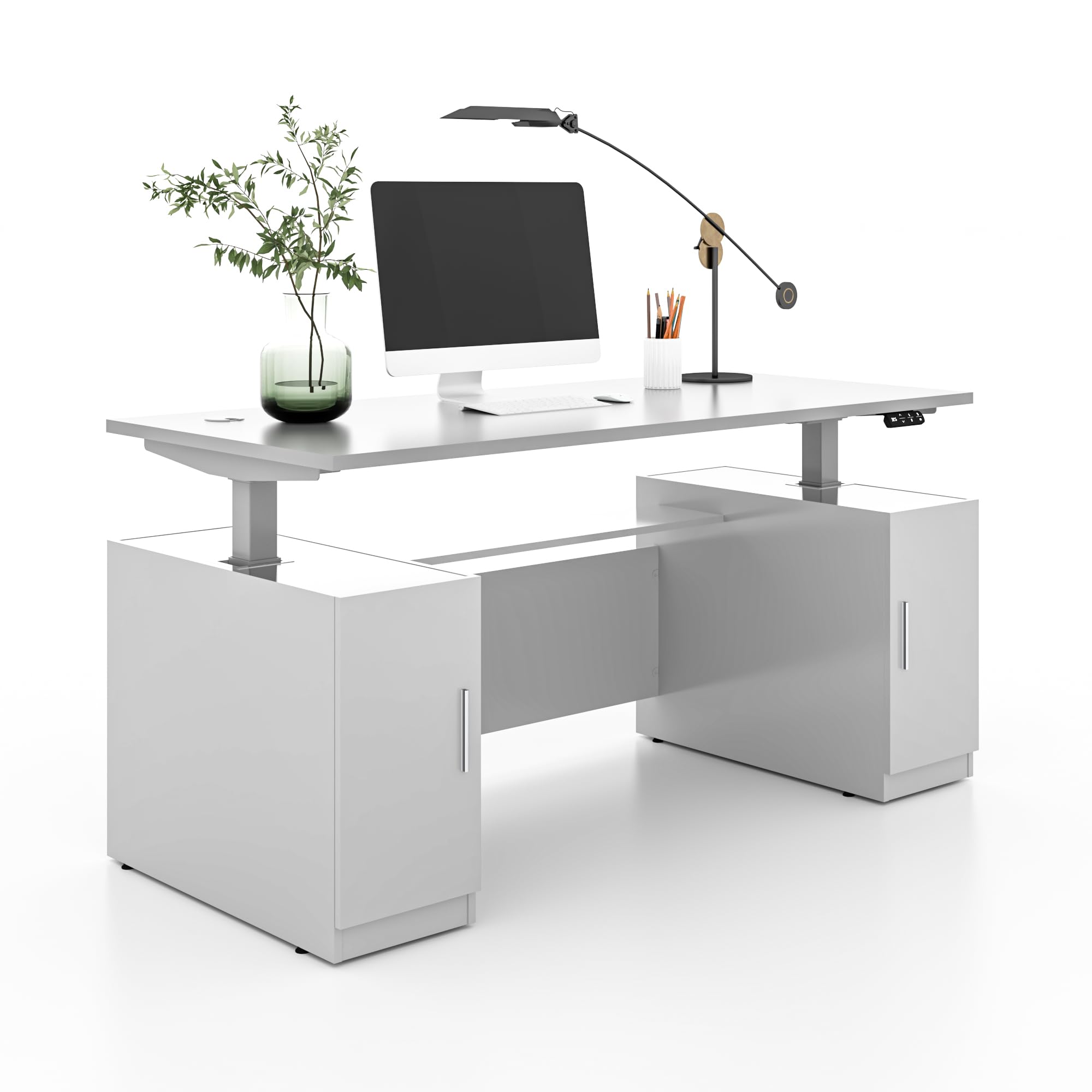 Dual Motor Height Adjustable Electric Standing Desk 67 W White Sit Stand up Desk Memory Computer Home Office