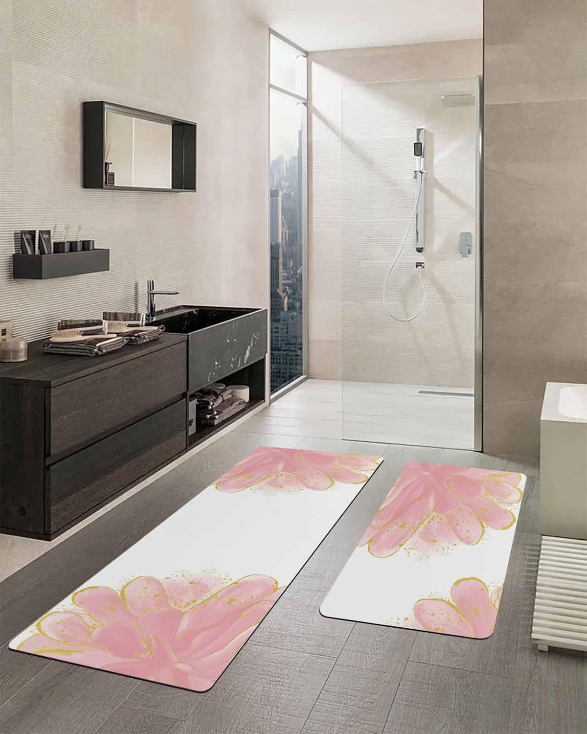 Blush Pink Gold Bath Mat for Tub Non Slip Bathroom Floor Runner Rug Quick Dry & Absorbent Diatomaceous Earth Shower Sink Bedroom Kitchen Washable Doormat 20x32+20x63 Abstract Contemporary Flower Art