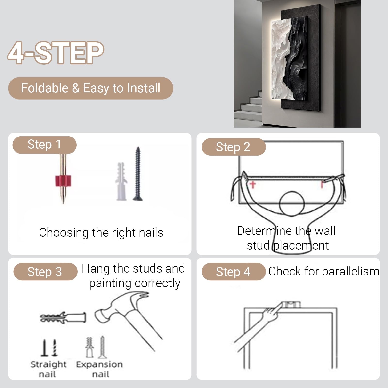 Quadro Decorativo da Parete 3D Effetto arenaria con Luce LED,Scultura Artistica Astratta da Parete con Alimentazione a Spina,Decorazione per corridoio, Ingresso | C,40*80cm/15.7*31.5in