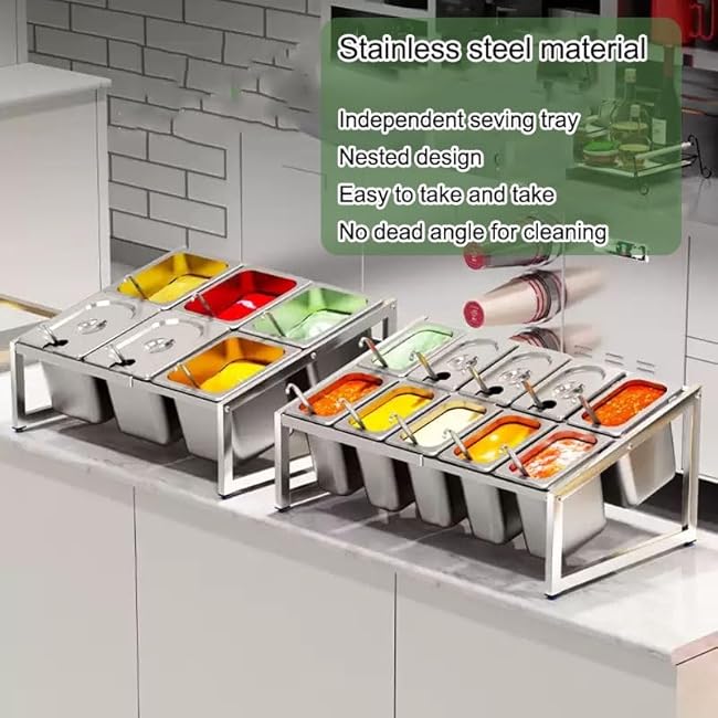 ZAIHW Stainless Steel Pizza Prep Station with Lids, Compartment Trays Organizer for Seasonings & Condiments, Kitchen Pantry Food Container Pans (Medium)