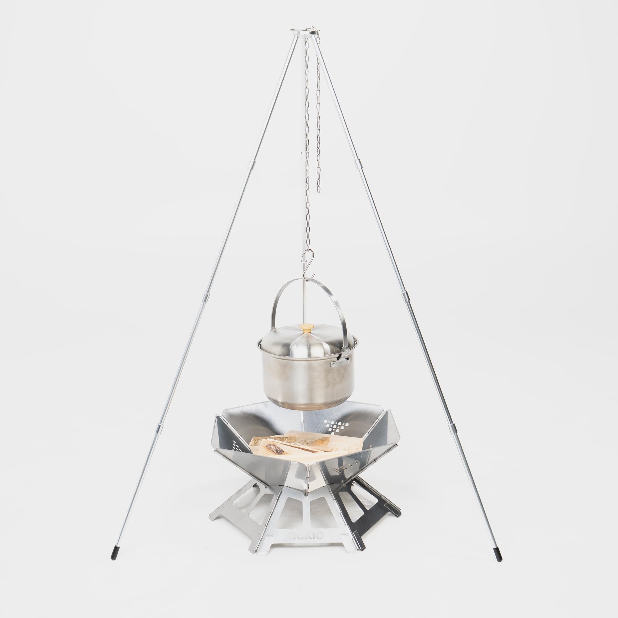 BOXIO - FIRE BUNDLE: braciere in acciaio inox con griglia e tre zampe – braciere ottagono per esterni e campeggio, piccolo braciere con parascintille, set di mini braciere per giardino e falò