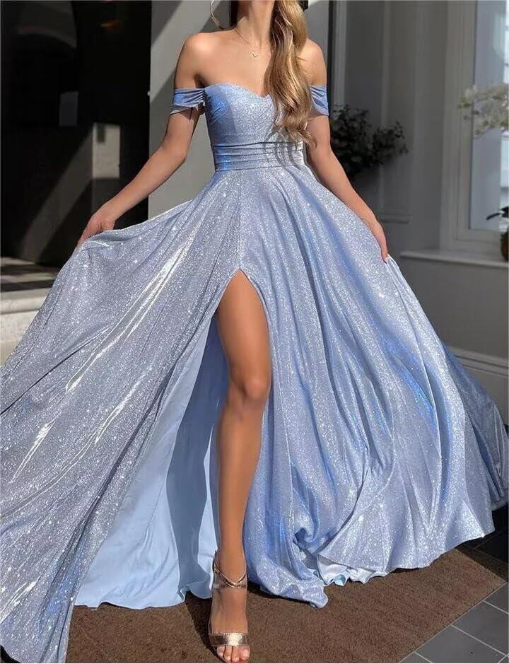 Off Shoulder Prom Dresses for Women 2024 Sparkly Sequins Ball Gown Split Long Evening Formal Party Gowns with Pockets GL00072