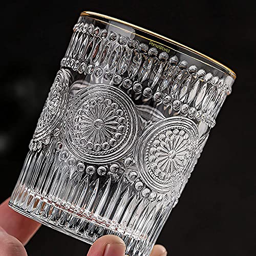 Image of PrimeWorld Embossed Gold Rim Romantic European Crystal Whiskey Glasses Set of 6 pcs- 300 ml Bar Glass for Drinking Bourbon, Whisky, Scotch, Cocktails, Cognac- Old Fashioned Cocktail Tumblers