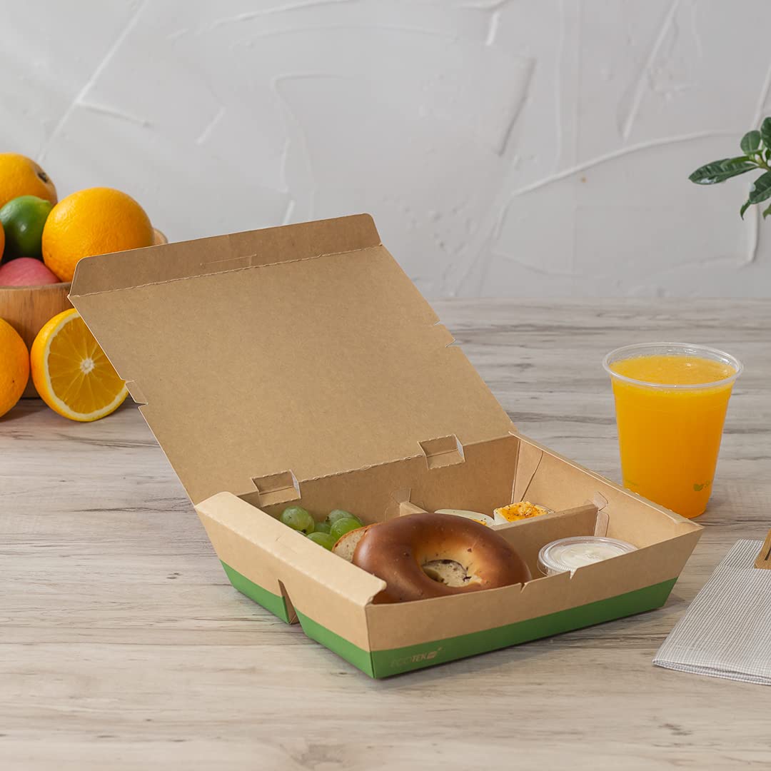 Restaurantware Eco Tek - Cajas para llevar de 50 onzas, 100 cajas Bento compostables, 3 compartimentos, cierre de pestañas, cajas de papel kraft y verde, forro de ácido poliláctico, para restaurantes