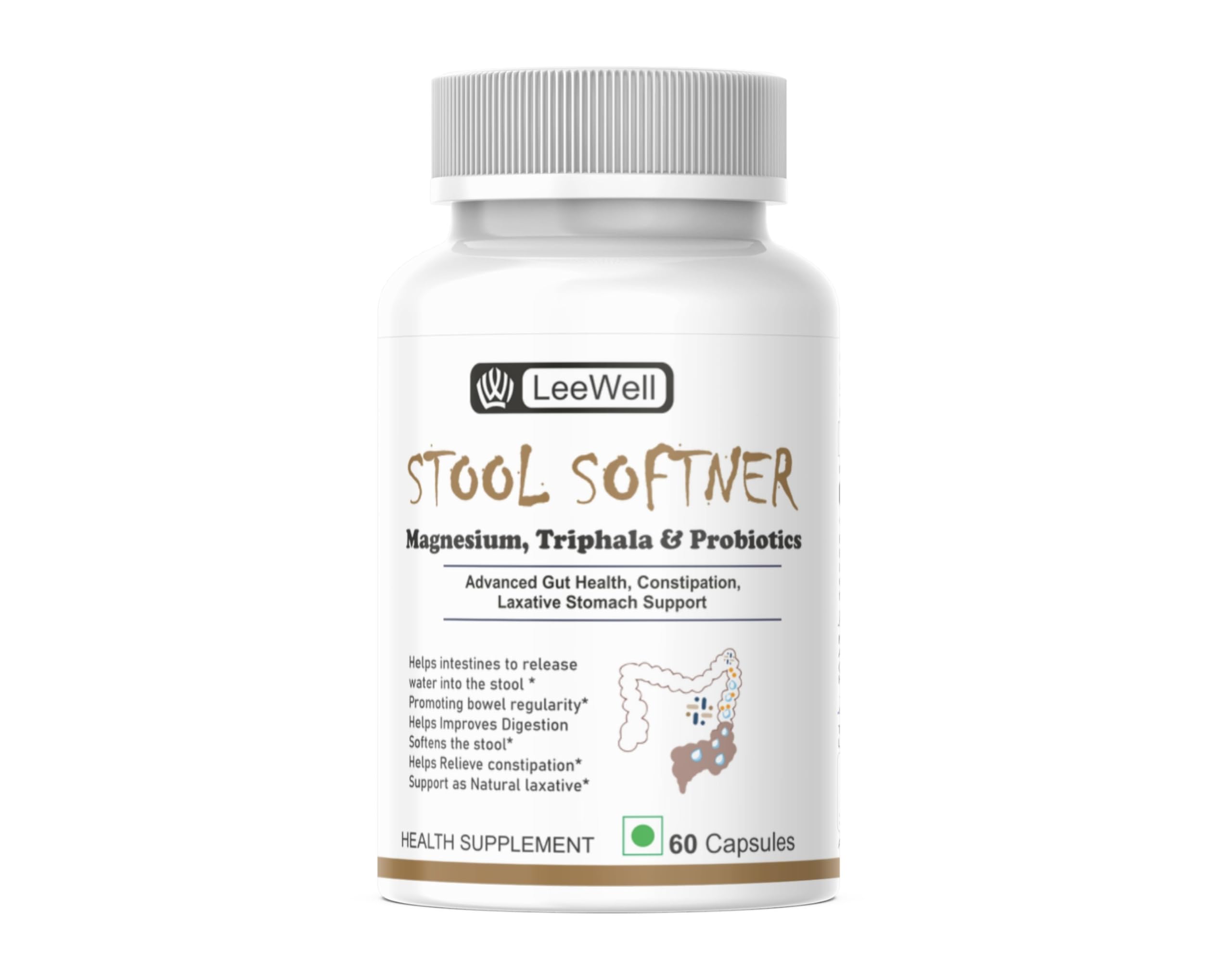 Stool Softener | Magnesium Oxide, Magnesium Citrate, Triphala & Bifidobacterium lactis Supplement | Gut Health, Constipation & Bowel Movement Support - 60 Capsules-image-0