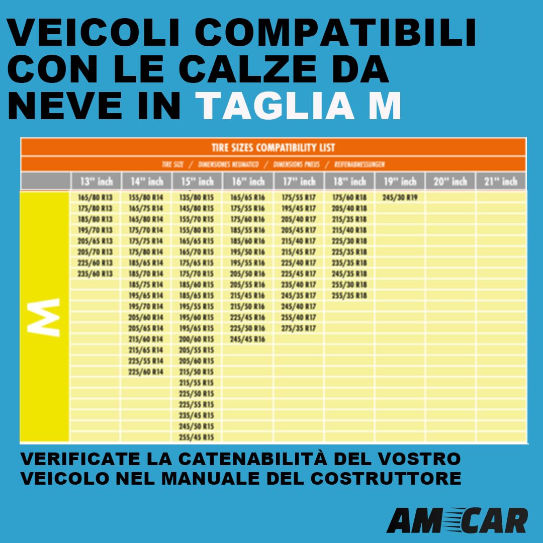 AMCAR Calze da Neve Tessili Taglia M Omologate Italia EN 16662-1 - Catene da Neve in Tessuto Montaggio 3 Minuti - Snow Sock Auto SUV Compatibili Veicoli Elettrici - Tessuto 3D Protezione Cerchi
