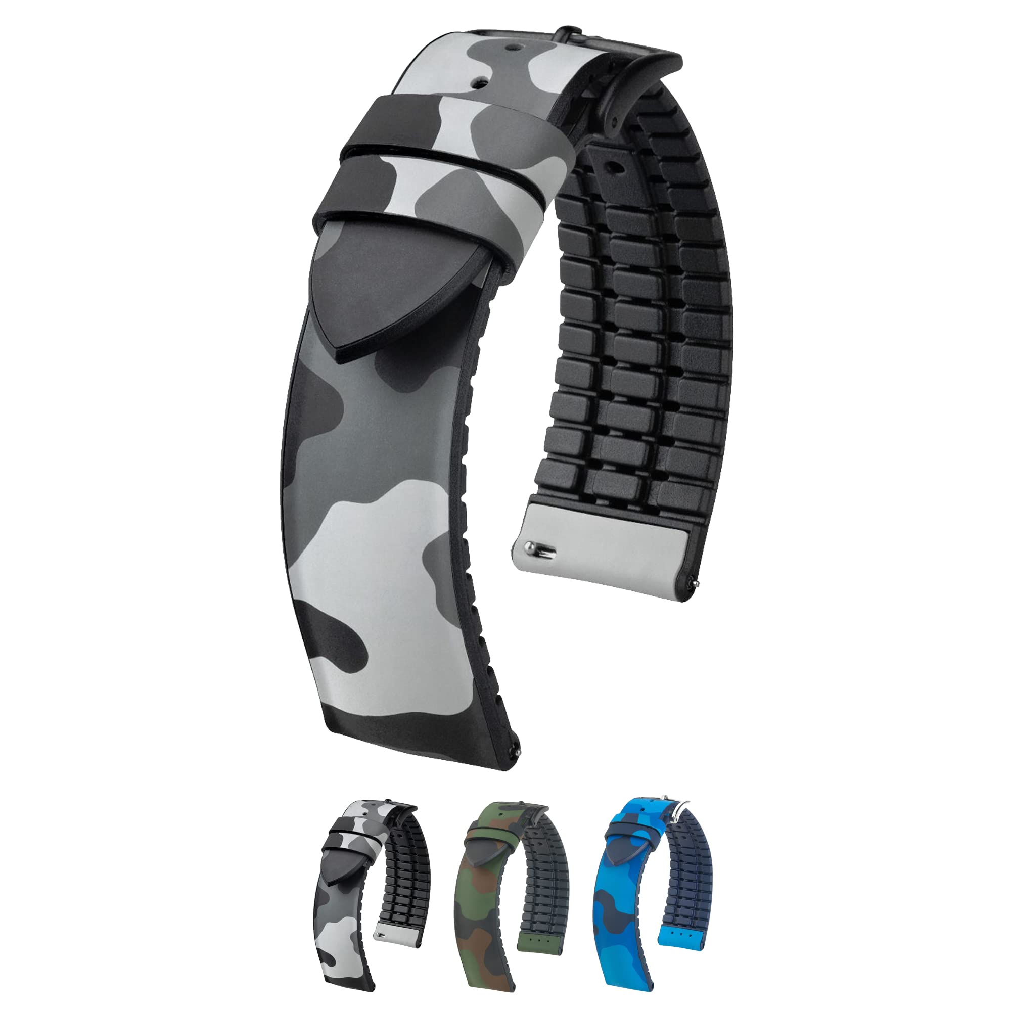 HIRSCH HHirsch John Leather Watch Strap - Camo Camouflage - Caoutchouc Performance Core - Water Resistant Natural Rubber - 20mm, 22mm - Blue, Green, Grey - Quick Release Watch Band