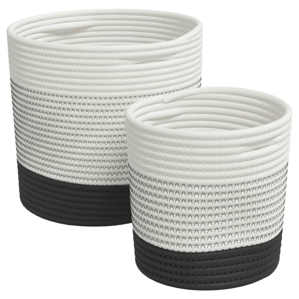 2 cestas de almacenamiento blancas y negras de algodón trenzado con asas, cestas decorativas plegables para frutas, juguetes y objetos varios, 28 x 28 cm y 20 x 20 cm