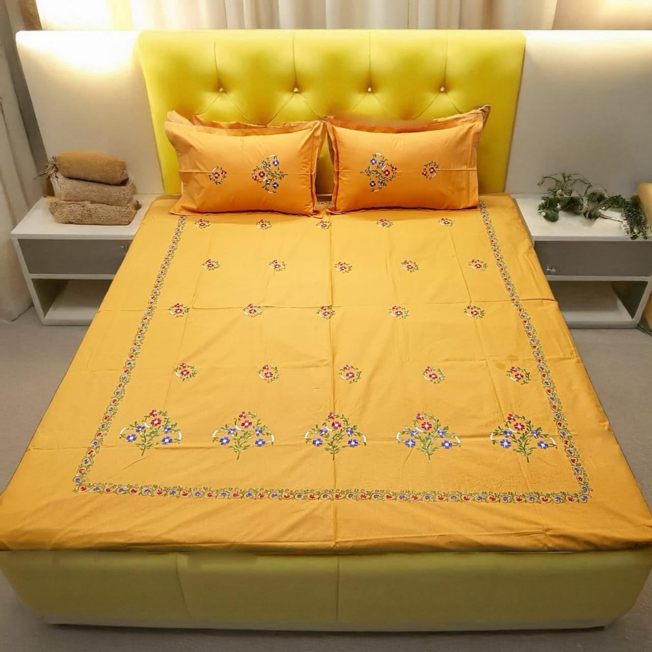 100% Cotton Queen Size Bedsheet - Breathable, Soft Touch Floral Embroidered Sheet for Double Bed - 90 X 100 Inches, 1 Bed Sheet + 2 Pillow Covers, 144 TC (Mustard)-image-29