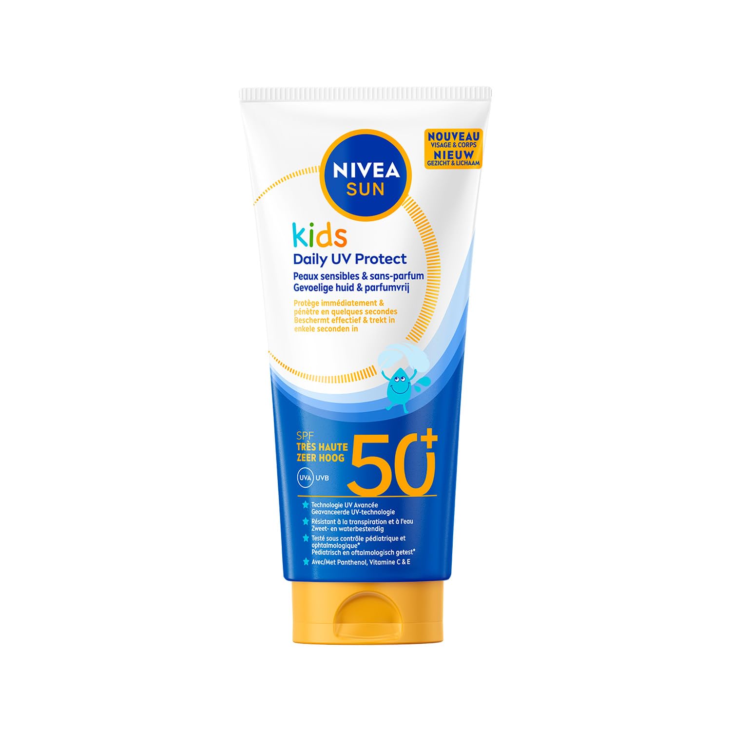 NIVEA SUN Crème Solaire Quotidienne Kids FPS50+ Protection Solaire Enfant Visage et Corps avec Panthénol Vitamines E et C Absorption Rapide Résistante à l'Eau Peaux Sensibles 100 ml