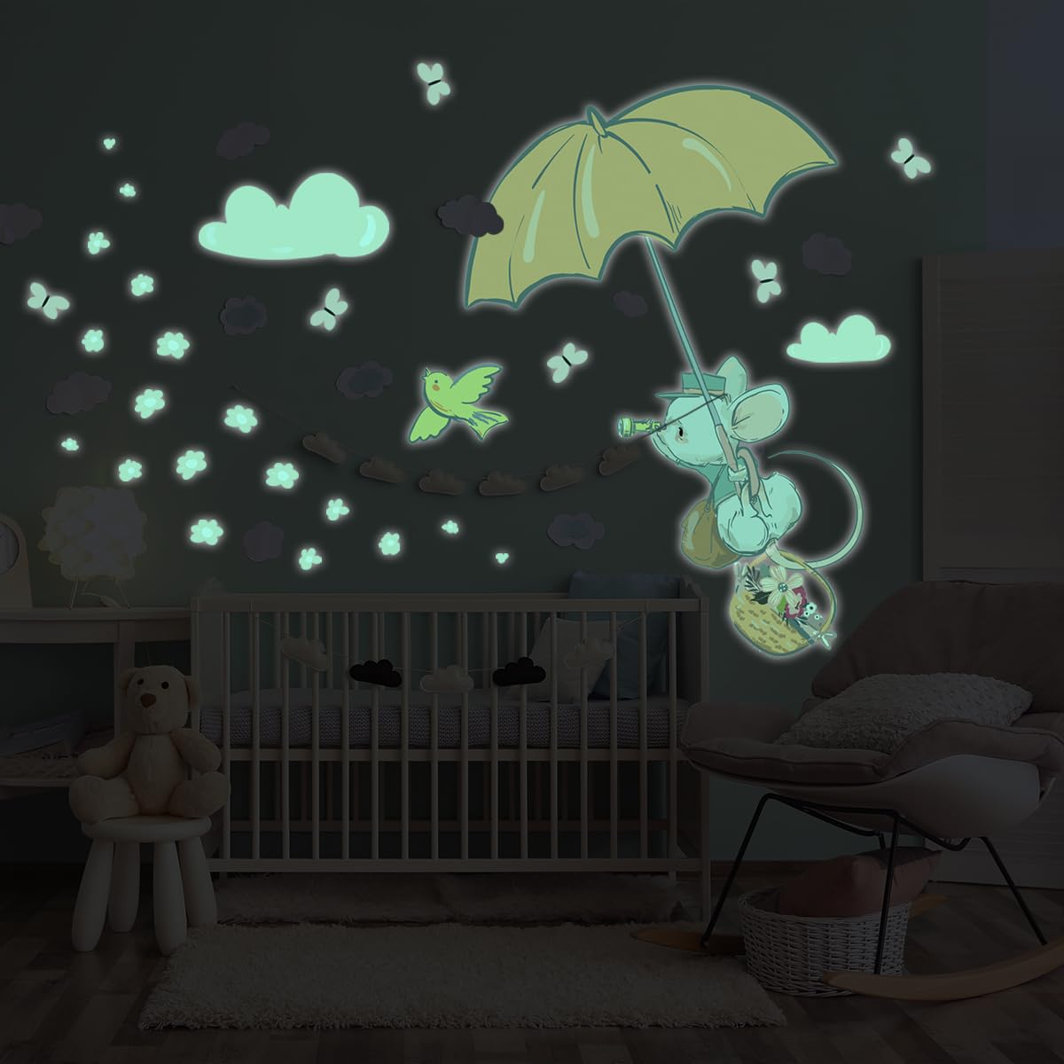 Ambiance Sticker Leuchtender Wandaufkleber für Kinder, fluoreszierend, Maus im Regenschirm, 80 x 50 cm