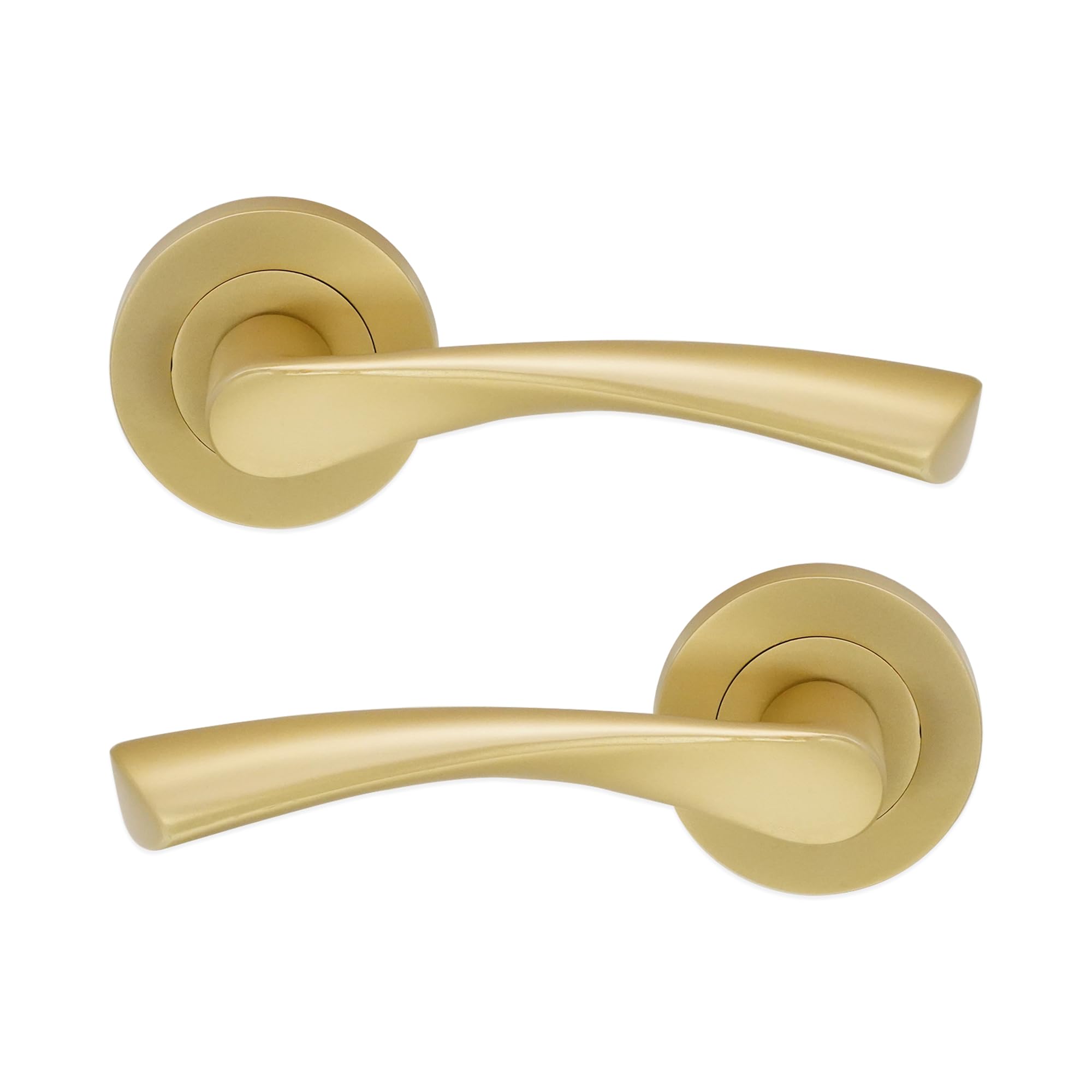 Infinity Decor Pair of Twisted Lever Door Handles on Round Rose Set Satin Brass Interior Pull Handles -Ideal for Interior and Exterior Doors