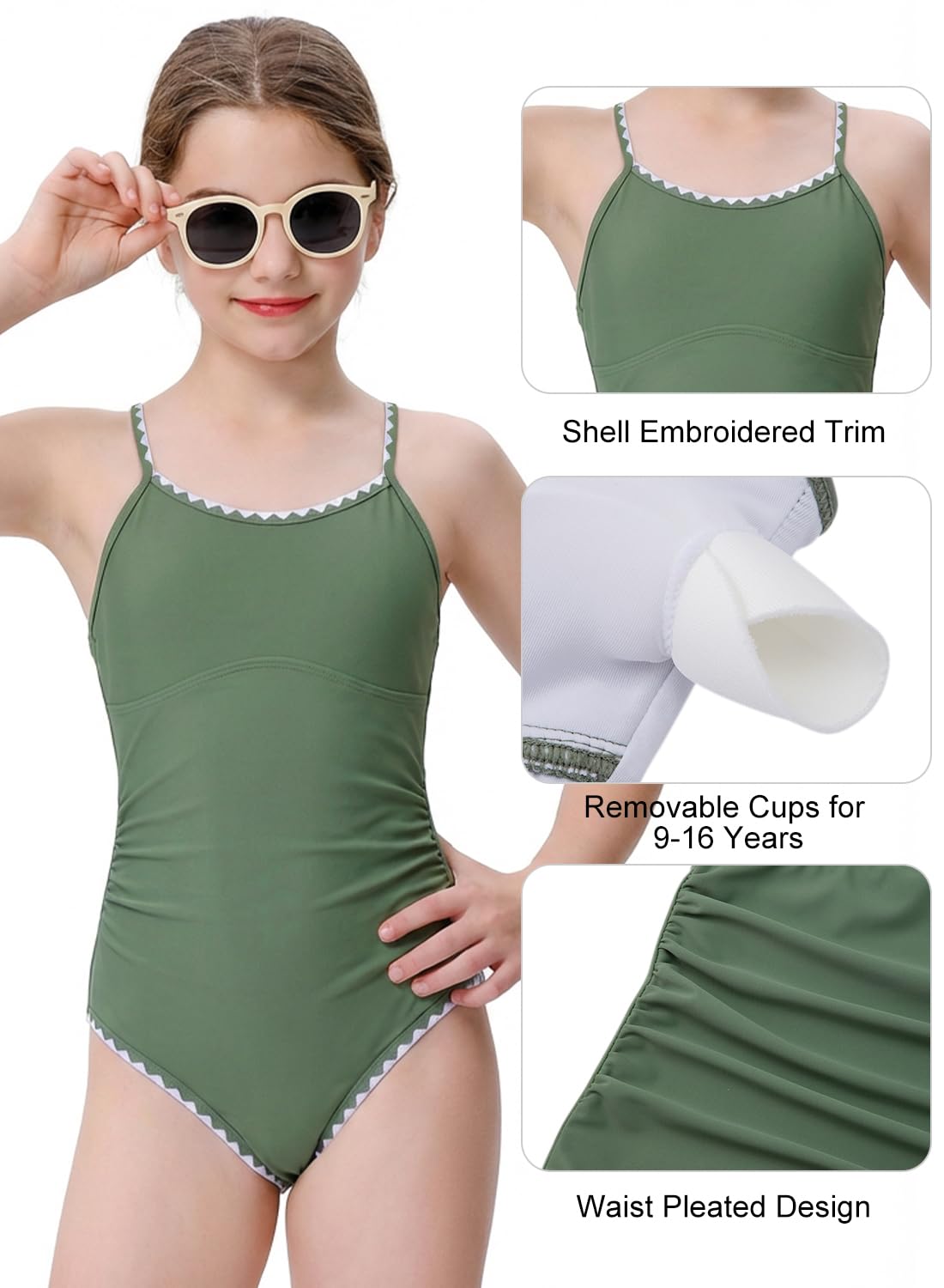 XiaoMoSha Maillot de bain une pièce pour filles avec bretelles réglables et bordure contrastée pour adolescentes de 6 à 16 ans