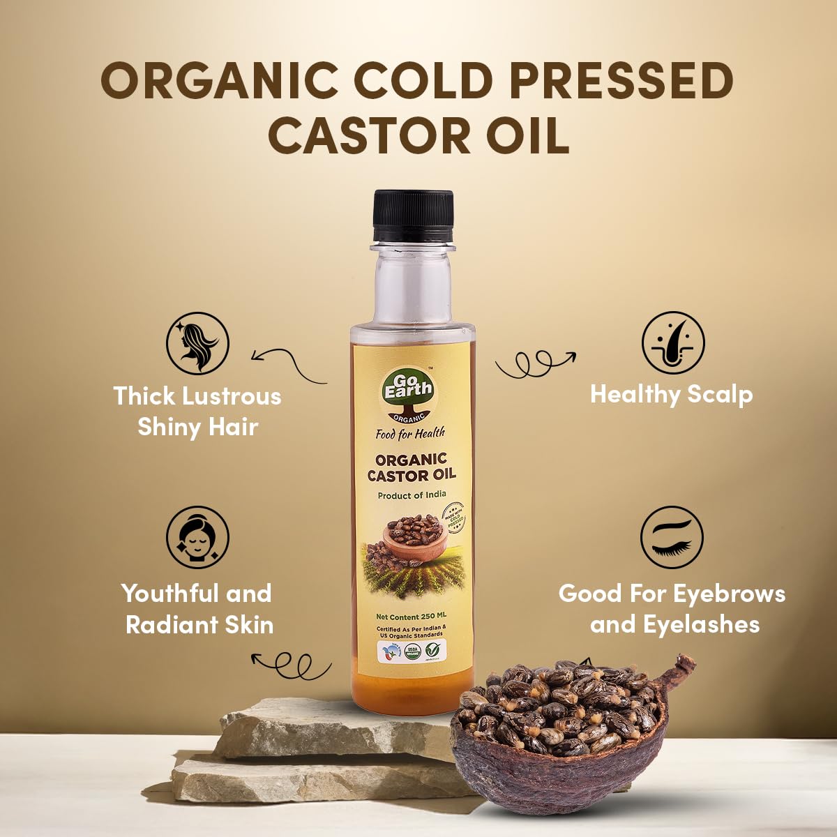 Go Earth Organic Pure Castor Oil 250ml | Natural, Cold Pressed | Ideal for Hair Growth, Skin Moisturizing | Antioxidants & Scalp Nourishment | No Chemicals or Additives 3