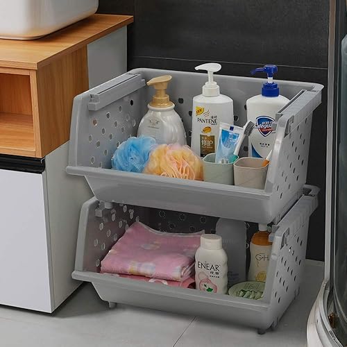 Miniatura 6 de Paquete de 4 cestas de almacenamiento apilables de plástico grande, cestas apilables de plástico para cocina, color gris