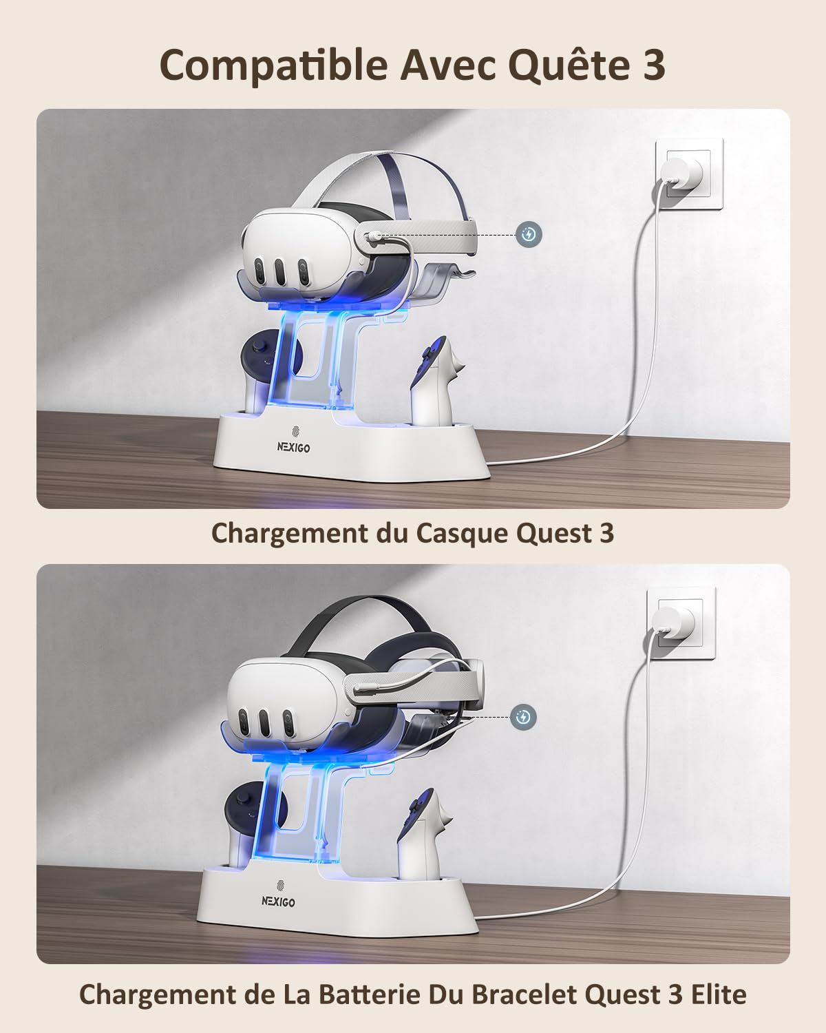 NexiGo Dock de Charge Amélioré avec Lumière LED [on/Off] pour Oculus Quest 3, Support d'Élite avec Batterie, Support de Casque et Manette, Batteries Rechargeables, Blanc