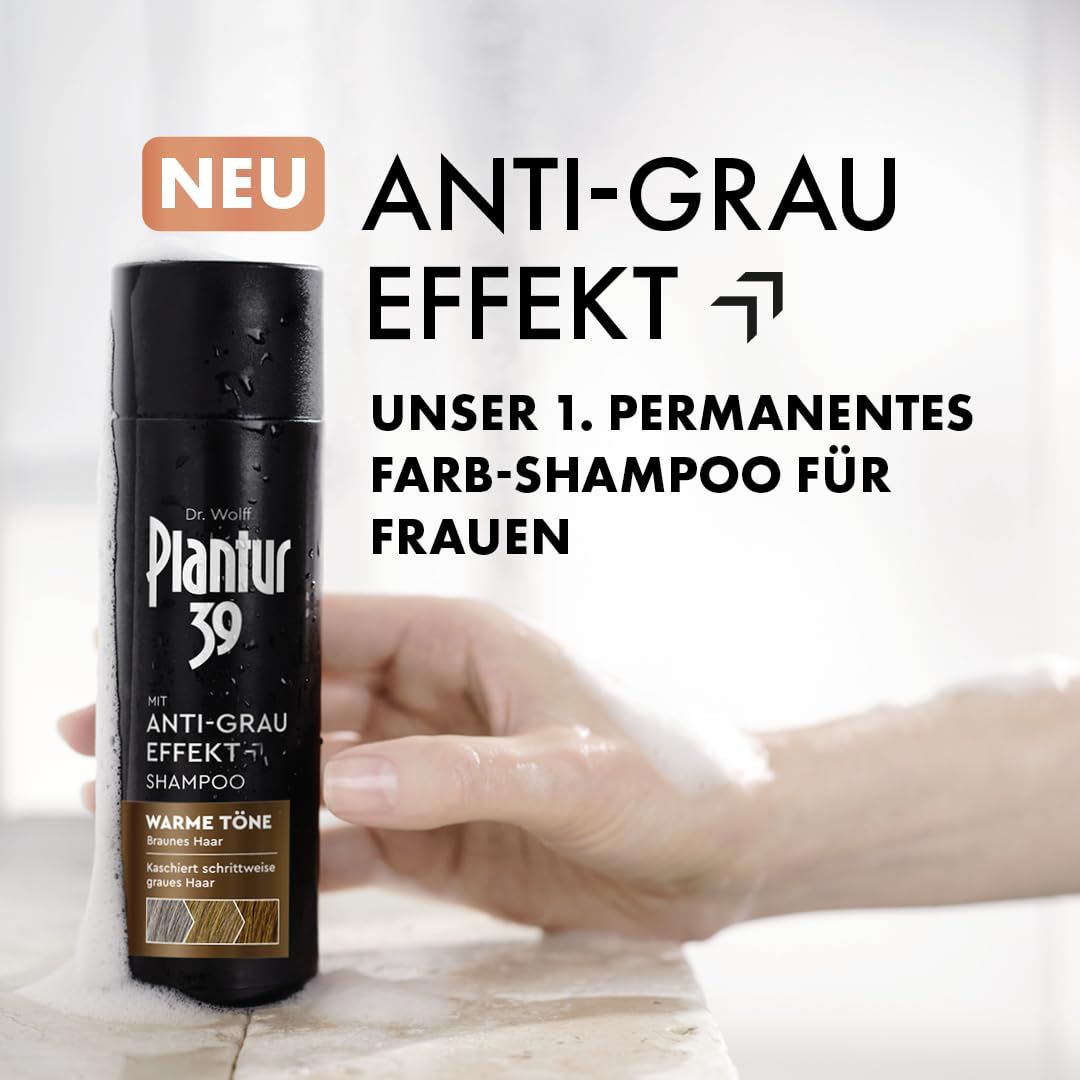 Plantur 39 Anti-Grau Effekt Shampoo, 1 x 200 ml - Für warme Töne und braunes Haar - Kaschiert schrittweise graue Haare ohne Färben - Coffein-Shampoo für Frauen für kräftiges Haar