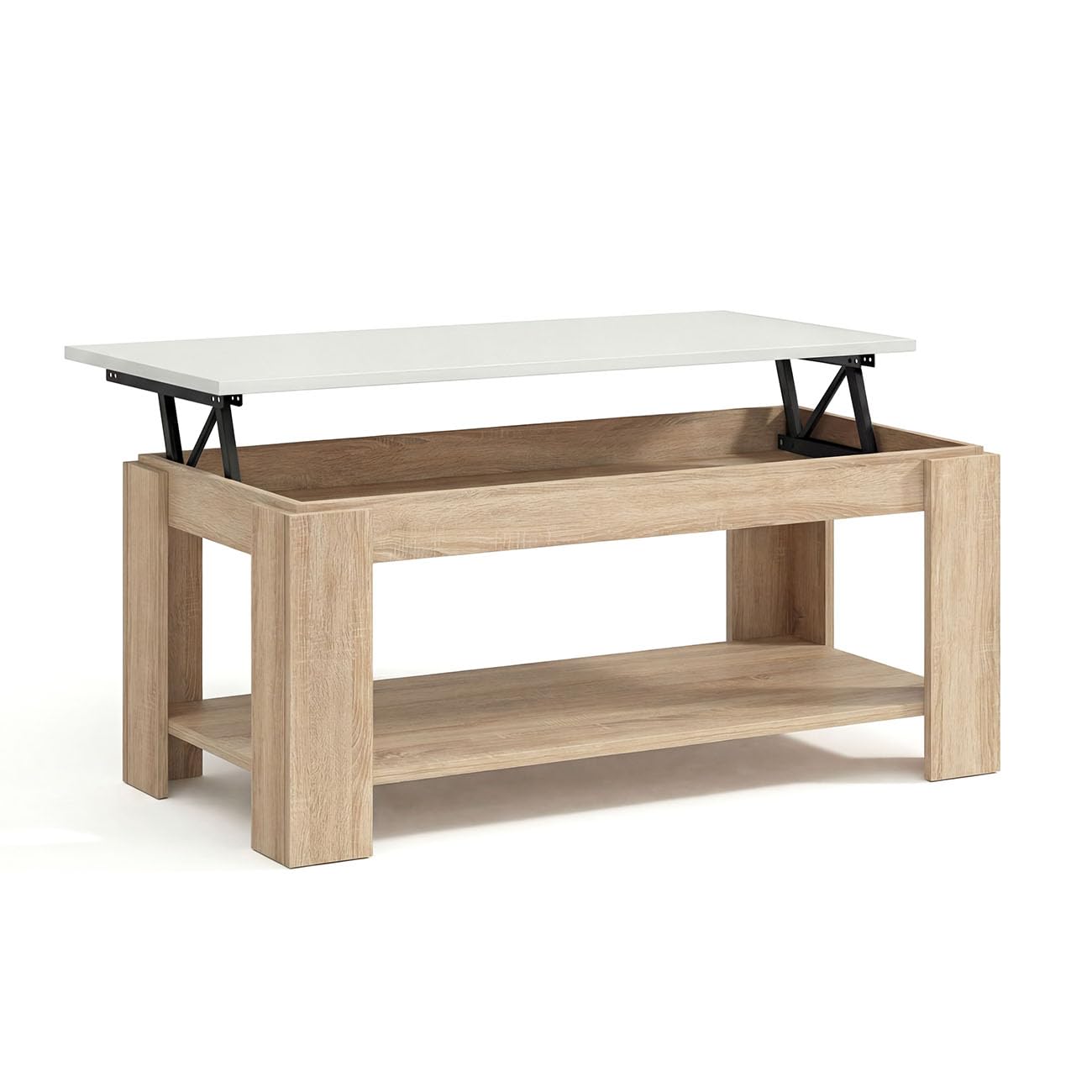 duehome | Mesa de Centro Elevable, Mesa Auxiliar, Modelo LYA, Acabado en Color Roble Canadian y Blanco Artik, Medidas: 102 cm (Largo) x 50 cm (Ancho) x 43-54 cm (Alto)