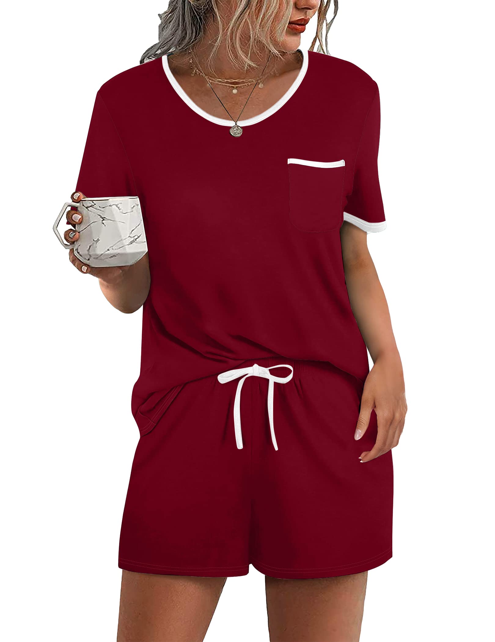 Ekouaer Pajama Set for Women 2 Piece Lounge Set Short Sleeve Tops and Shorts Soft Sleepwear, Chest Pocket