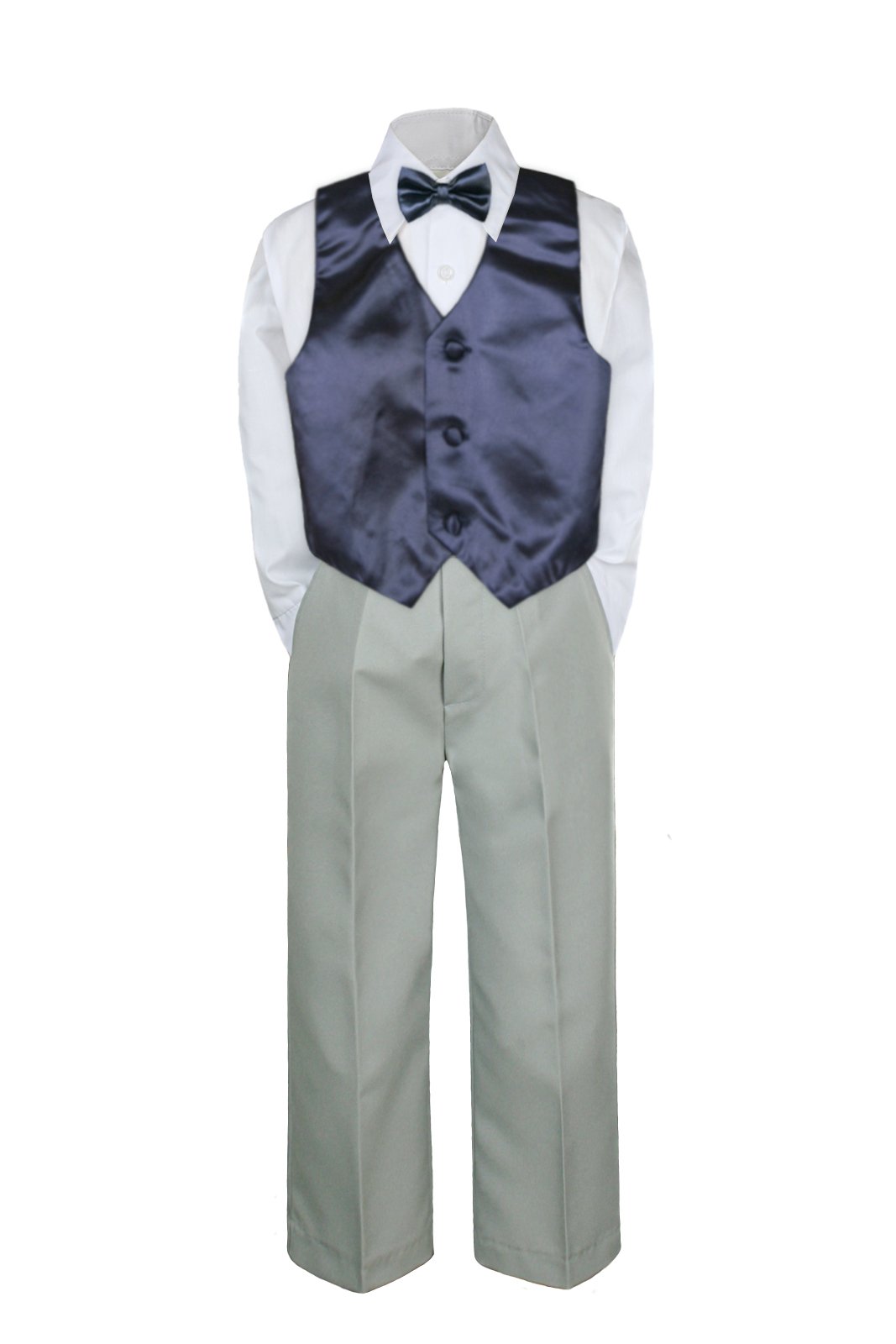 4PC Shirt Gray Pants Vest & Bow tie Set Baby Boy Toddler Kid Formal Suit Sm-7